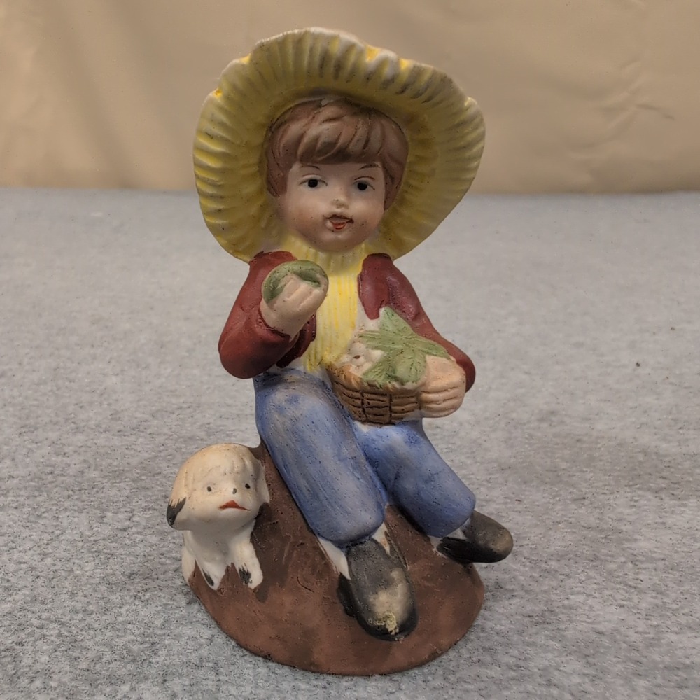 Frankel Boy with Dog and Basket Bell Figurine Vintage Ceramic Made in‎ Taiwan